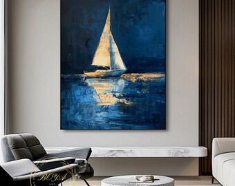 Original Sailboat Abstract Art Large Blue Sea Painting Navy Blue