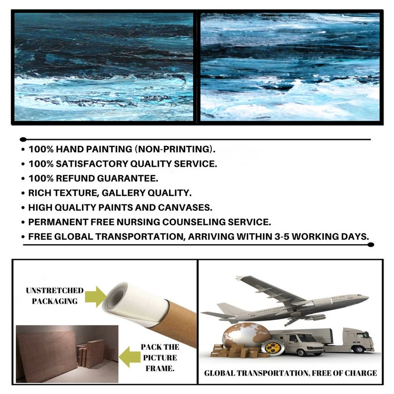 Peut inclure: Deux peintures abstraites repr&eacute;sentant un paysage marin bleu et blanc. Les peintures sont encadr&eacute;es et pr&ecirc;tes &agrave; &ecirc;tre accroch&eacute;es. Le texte sous les peintures indique : "100% Peinture &agrave; la main (non imprim&eacute;e). 100% Service de qualit&eacute; satisfaisant. 100% Garantie de remboursement. Texture riche, qualit&eacute; de galerie. Peintures et toiles de haute qualit&eacute;. Service permanent gratuit de conseil en soins infirmiers. Transport mondial gratuit, arriv&eacute;e dans un d&eacute;lai de 3 &agrave; 5 jours ouvrables."