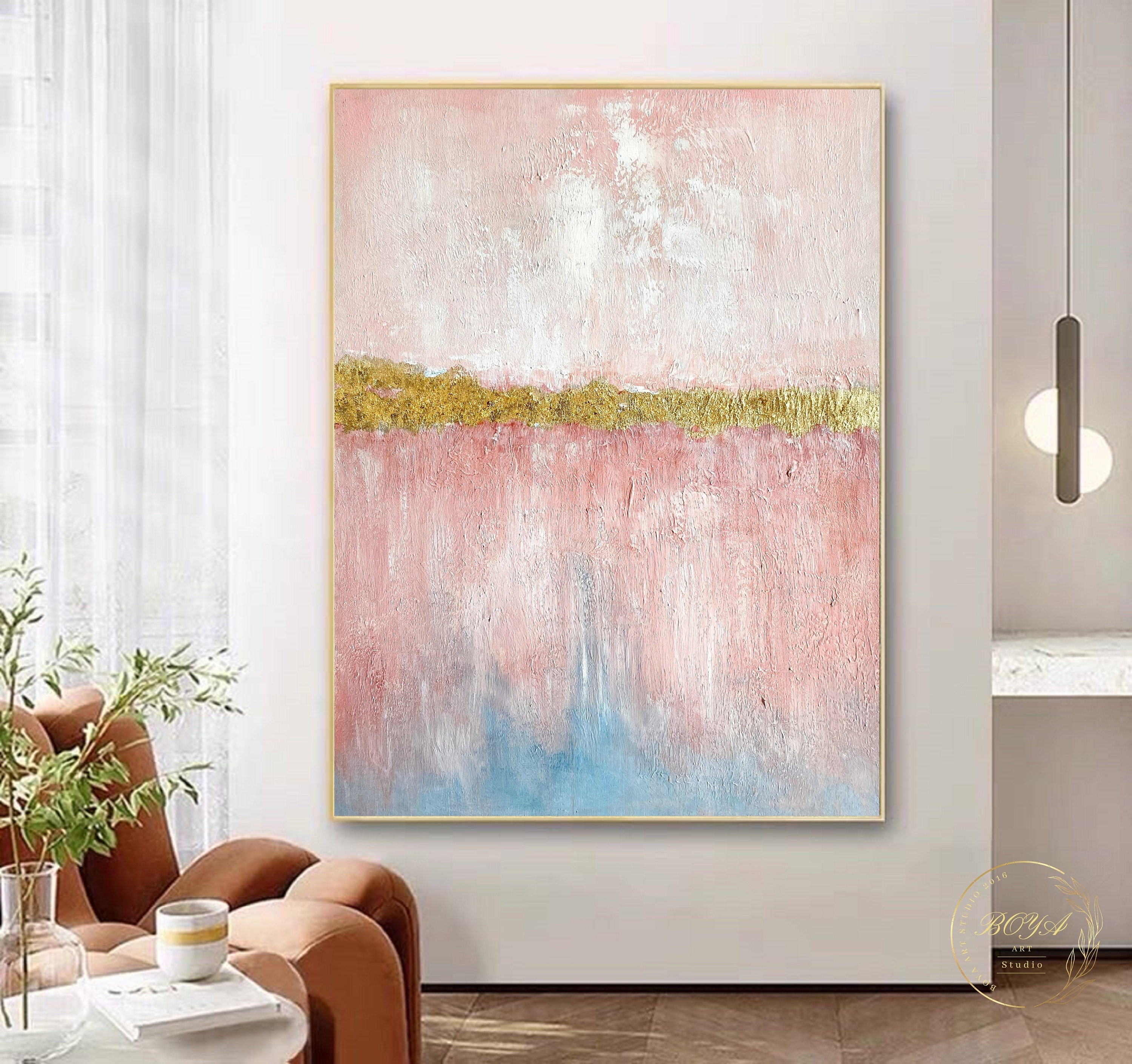 Pink Abstract Painting Pink Minimalist Wall Art Gold Texture Art Large ...