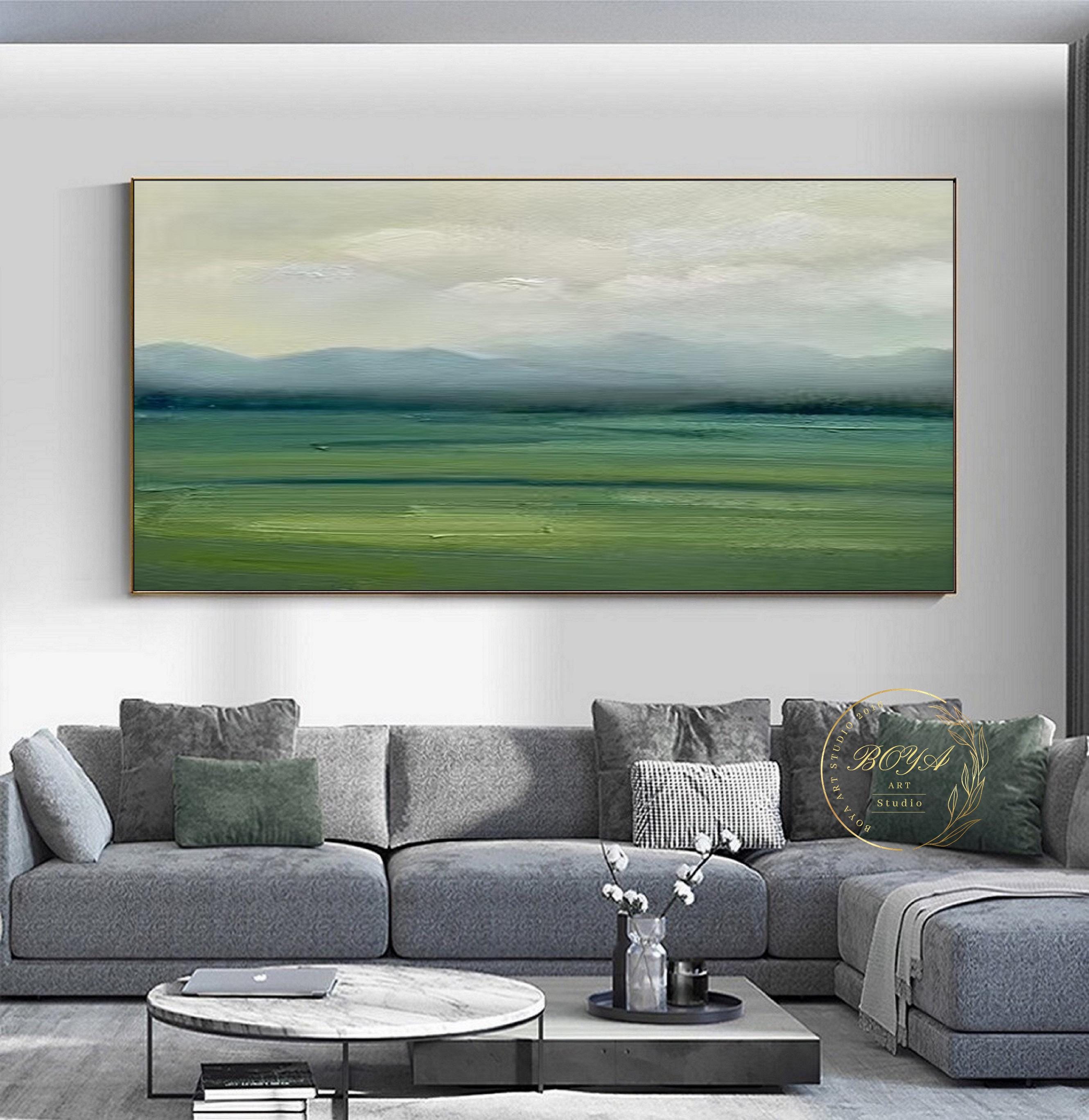 Large Green Landscape Painting Green Abstract Art Green Wall Painting Beige Canvas Painting Green Abstract Oil Painting Minimalist Wall Art