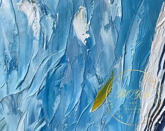 Original Textured Oil Painting, Blue Abstract Wall Art, Large