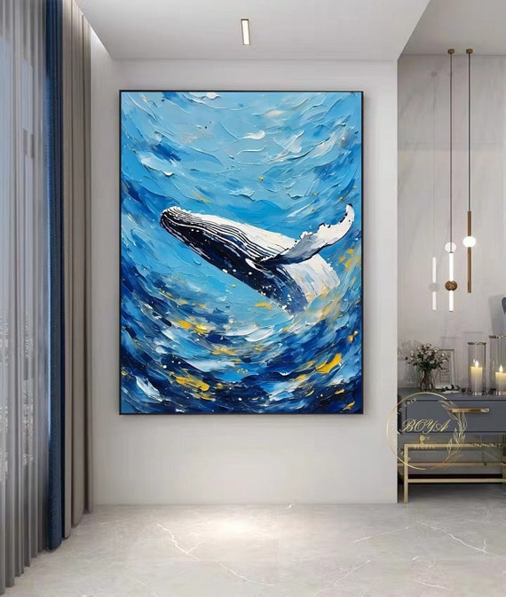 Original Textured Oil Painting, Blue Abstract Wall Art, Large