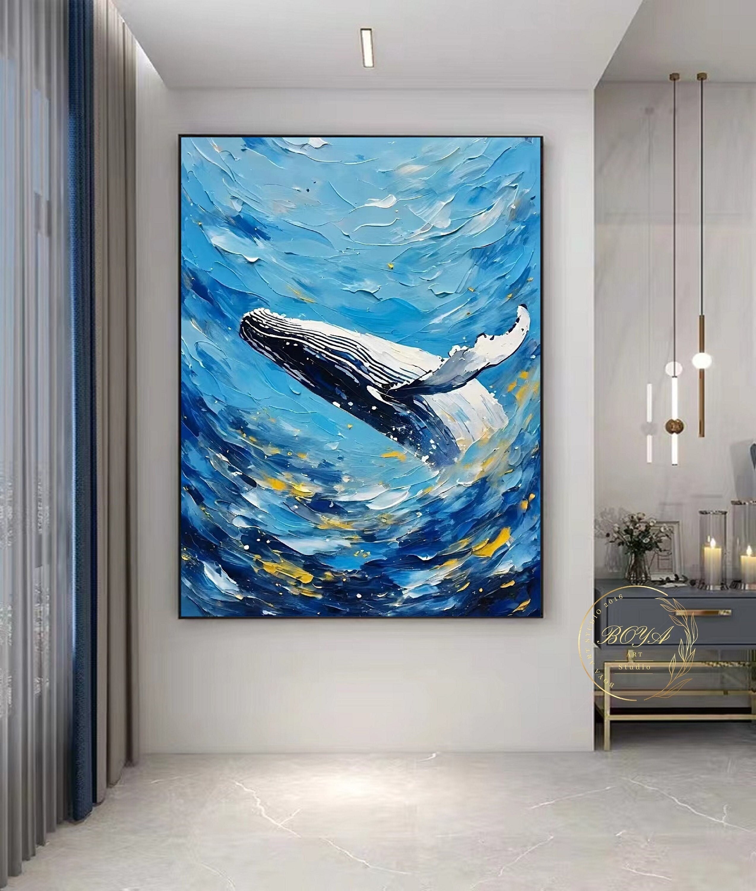 Original Textured Oil Painting, Blue Abstract Wall Art, Large