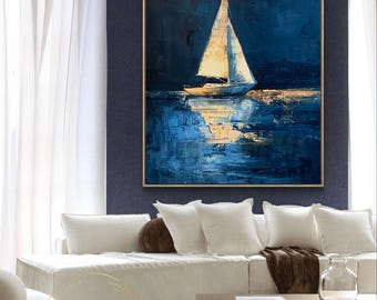 Original Sailboat Abstract Art Large Blue Sea Painting Navy Blue