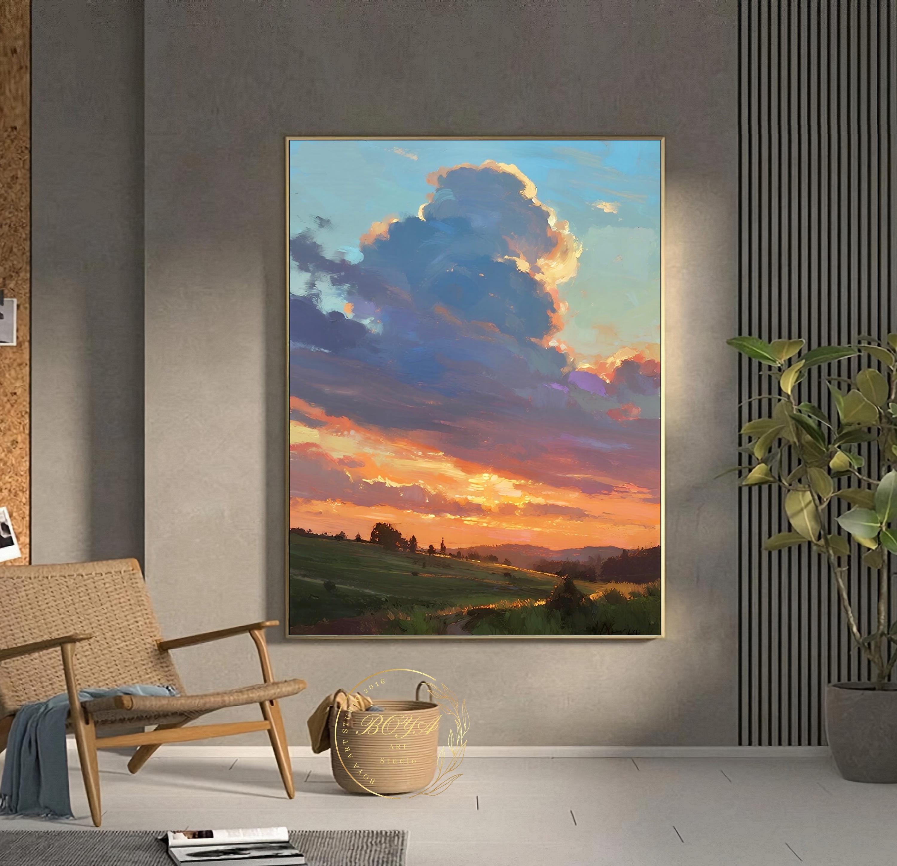 大きな雲の壁アート 青い雲の抽象画 曇り空のテクスチャ画 青空の絵