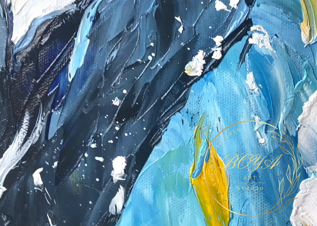 Original Textured Oil Painting, Blue Abstract Wall Art, Large