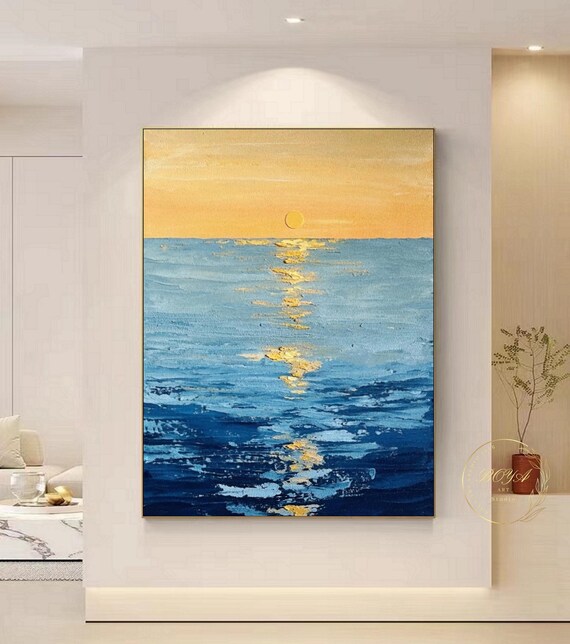 大きな海景画、青い海の壁アート、夕焼けの抽象画、青いテクスチャ