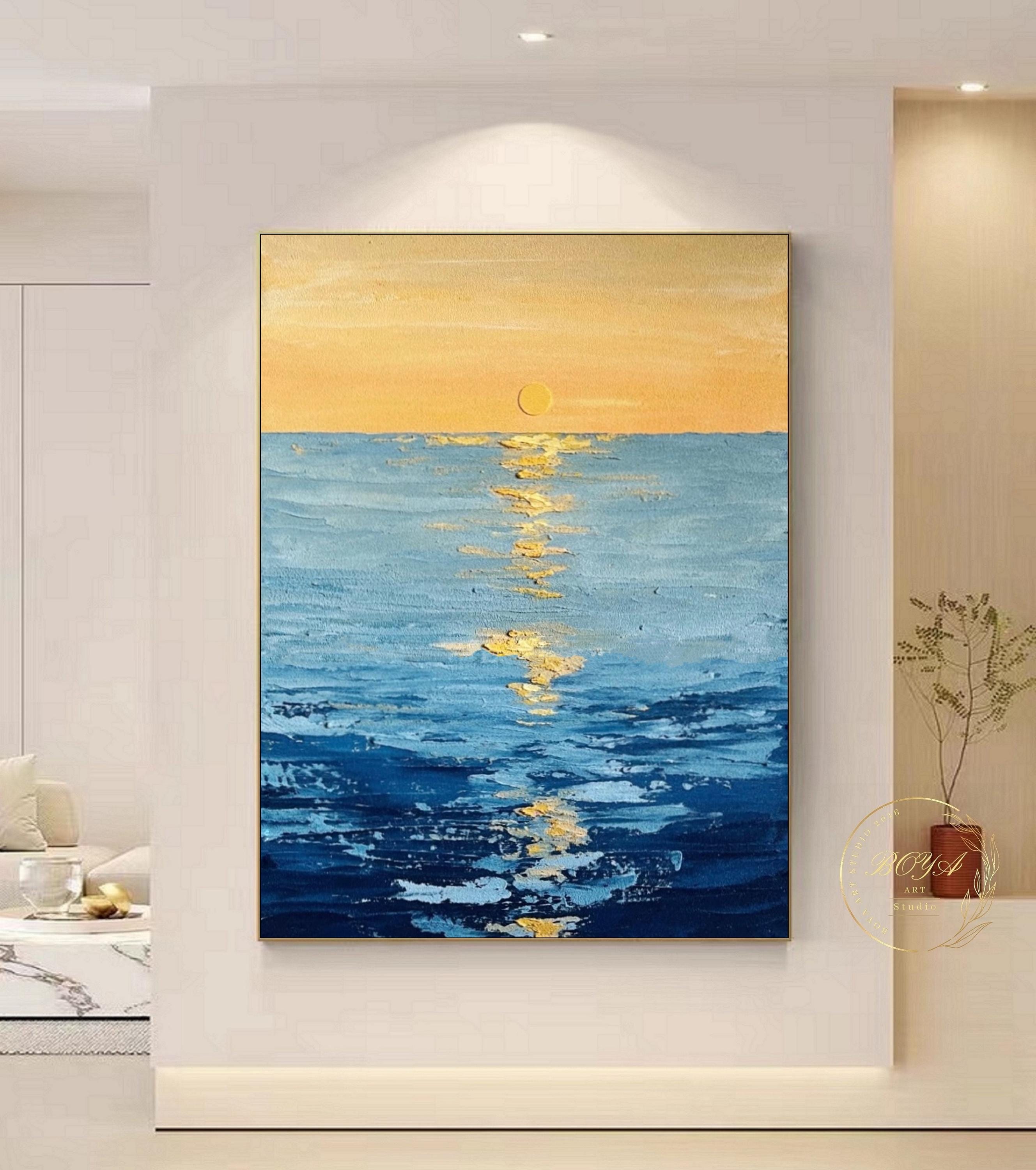 大きな海景画、青い海の壁アート、夕焼けの抽象画、青いテクスチャ