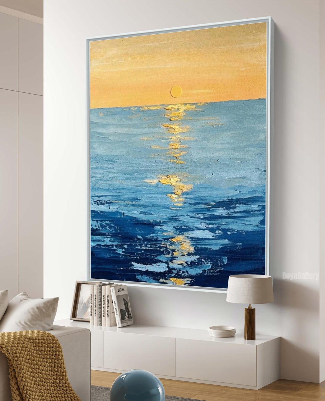 Large Original Seascape Painting | Hand Painted Orange Sunset