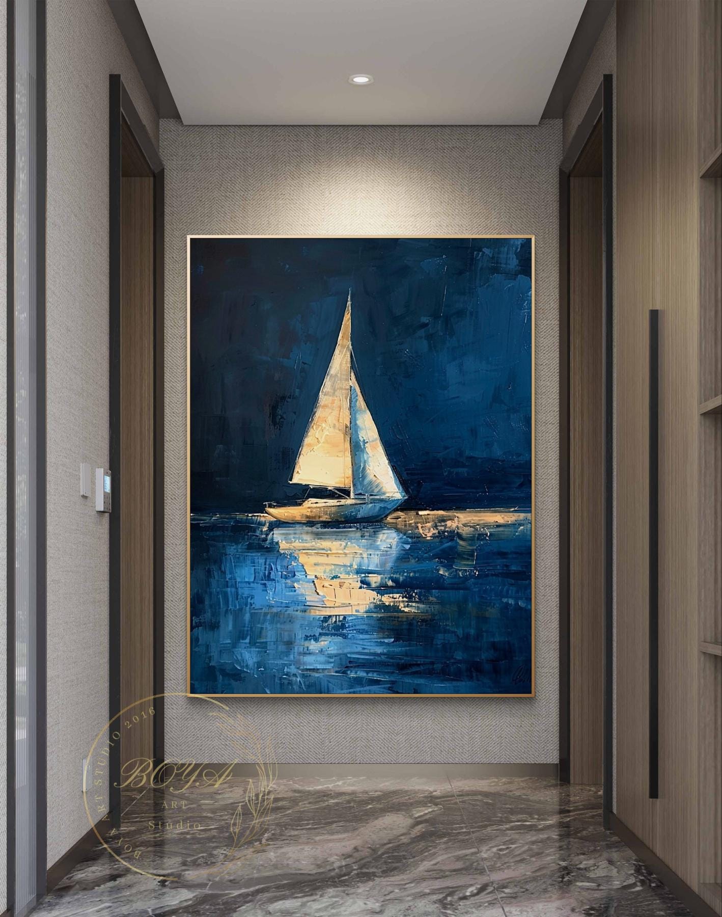 Original Sailboat Abstract Art Large Blue Sea Painting Navy Blue