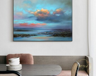 オリジナルの雲の抽象画、オレンジ色の雲の絵、大きな青い空の風景画