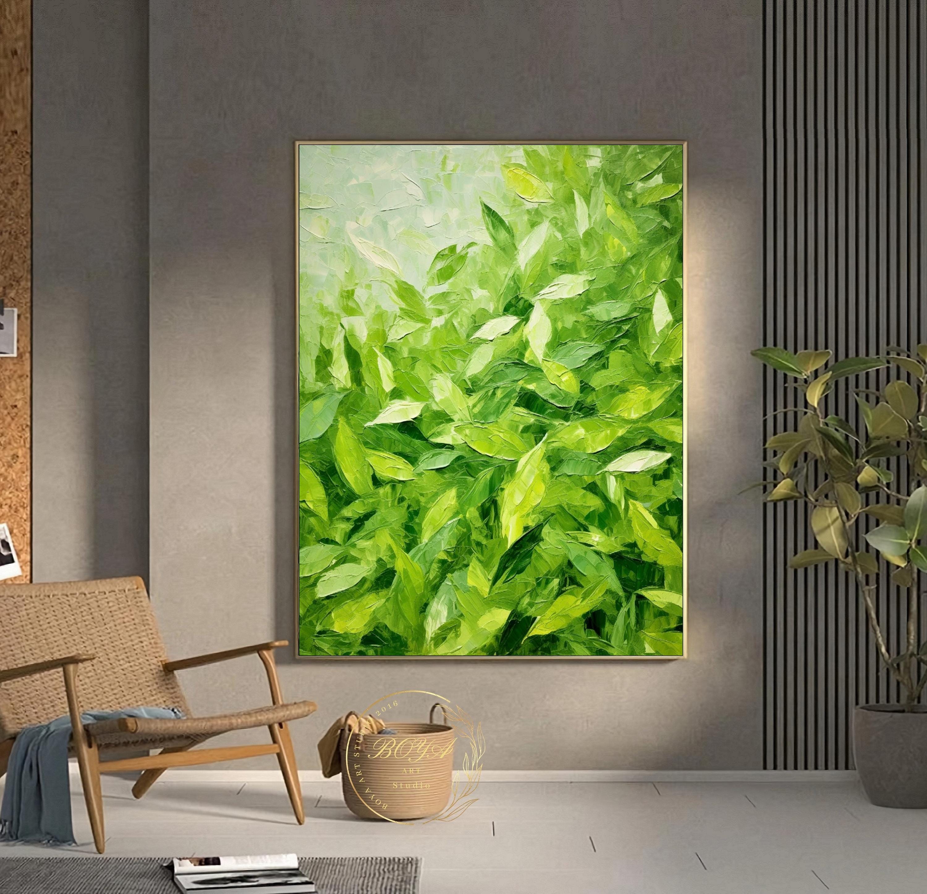 抽象油彩画 黄色と緑の葉 約25cm 緑の葉の壁アート 大きな緑のテクスチャ絵画 オリジナルの緑の抽象画