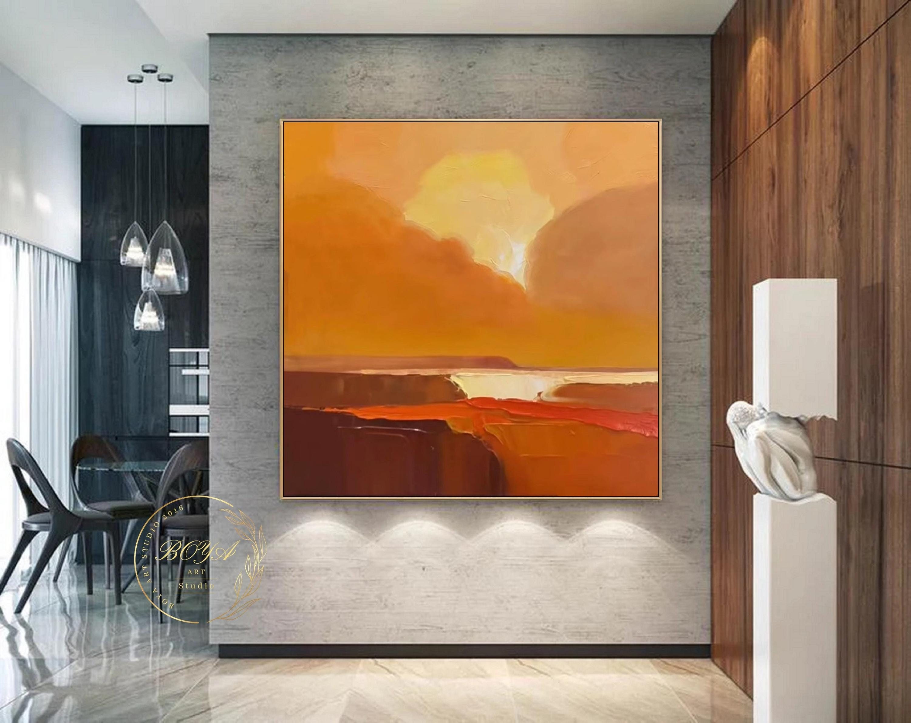 大きなオレンジ色の抽象画、オリジナルのテクスチャ絵画、ミニマリスト