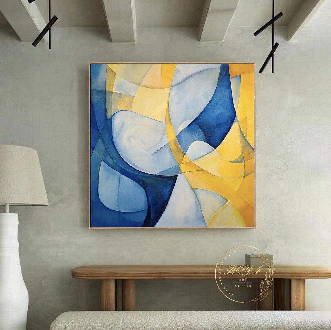 Large Blue Abstract Art Yellow Abstract Painting Blue Wall Painting ...