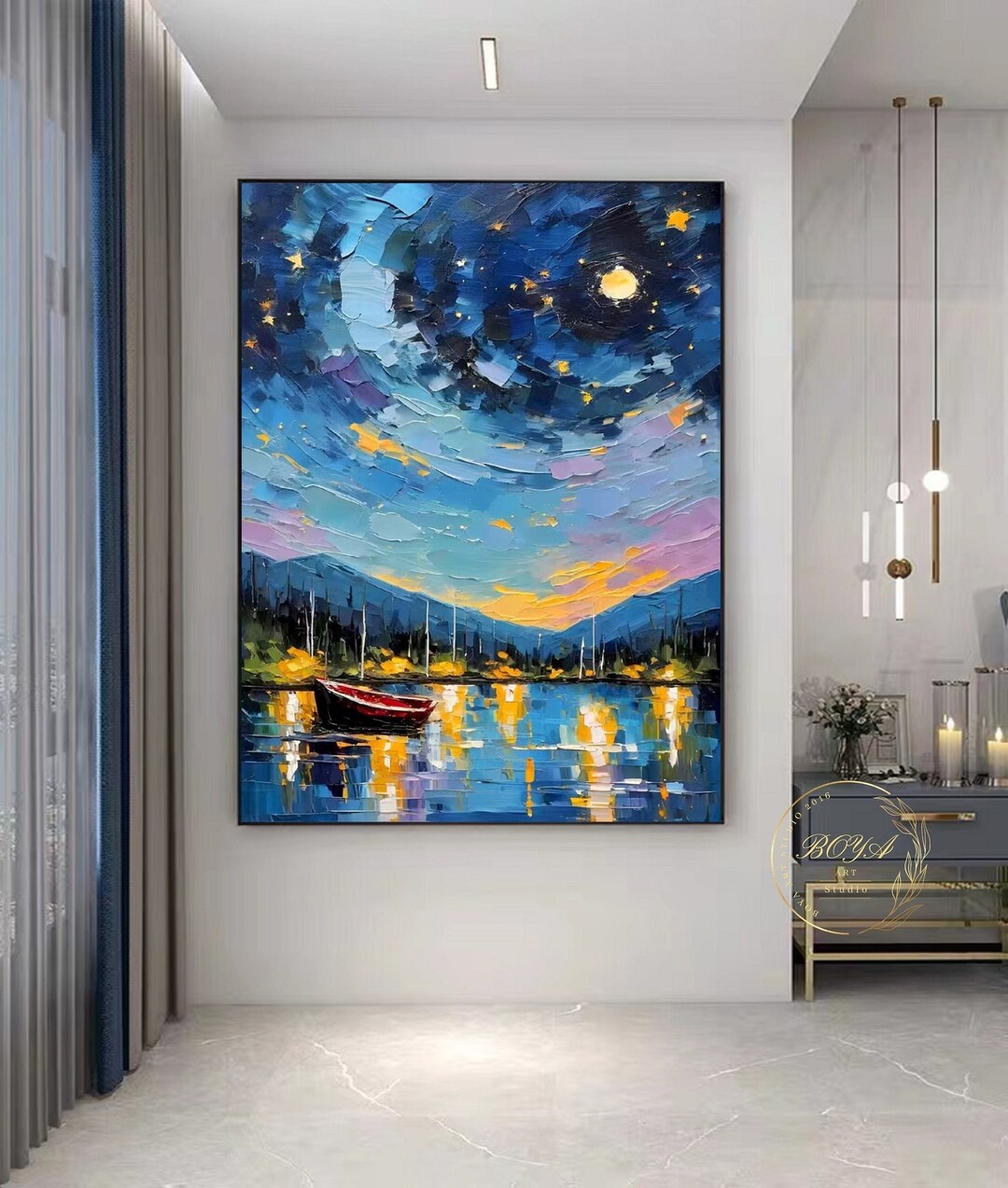 Original Starry Sky Painting Blue Textured Wall Art Large Night Sky ...