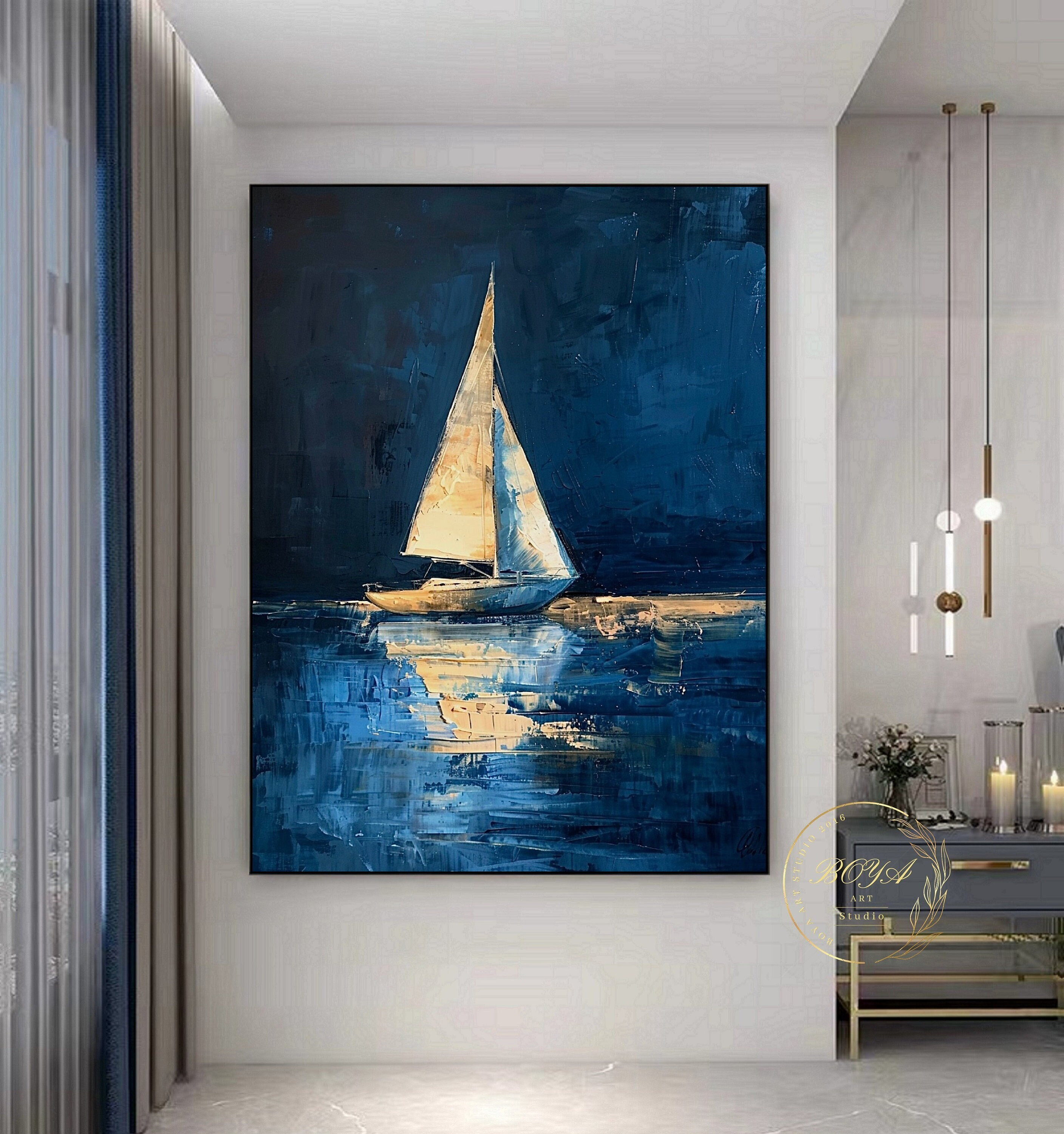 オリジナルの帆船抽象アート大きな青い海の絵ネイビーブルーの抽象画