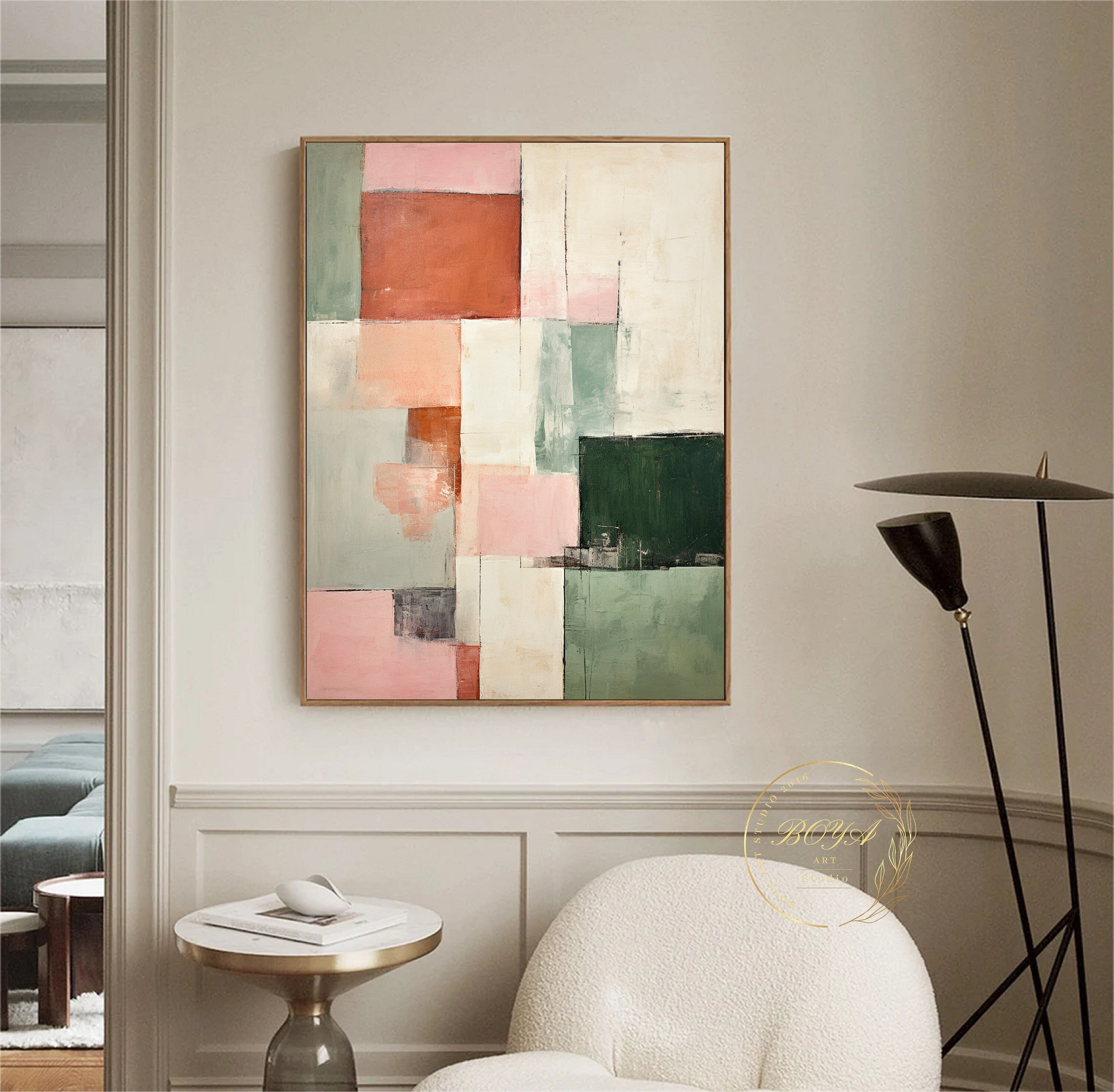 Original Pink Textured Art Green Wall Painting Large Green Etsy