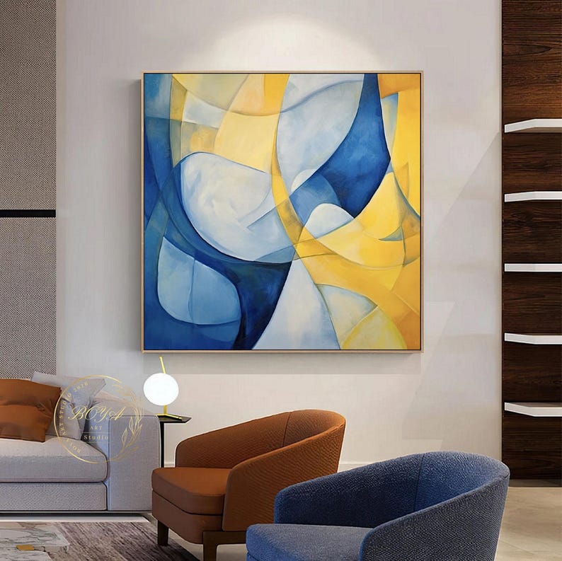 Large Blue Abstract Art Yellow Abstract Painting Blue Wall Painting ...