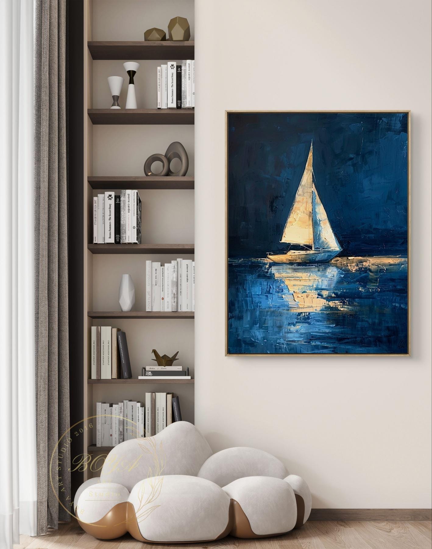 Original Sailboat Abstract Art Large Blue Sea Painting Navy Blue