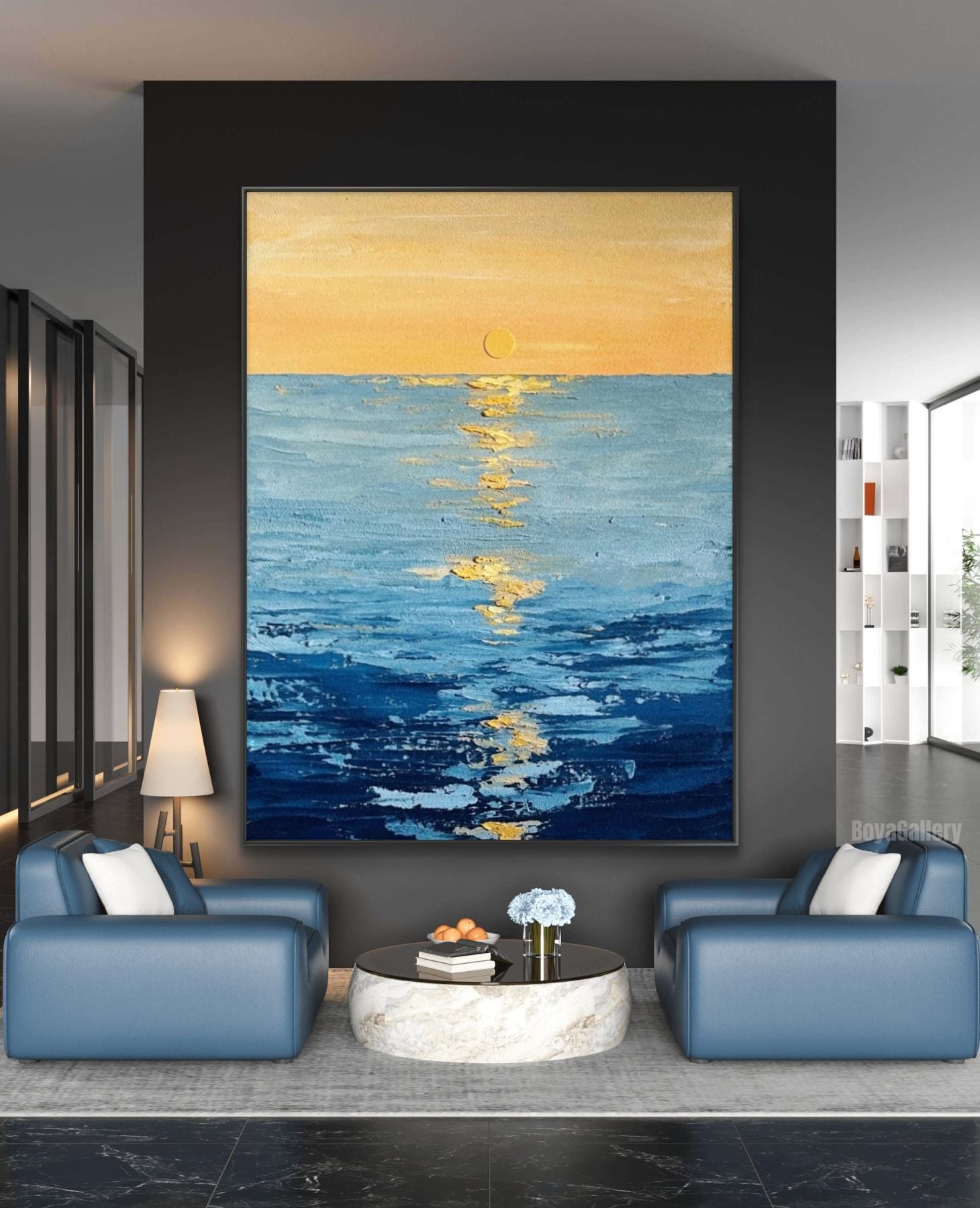 Large Original Seascape Painting | Hand Painted Orange Sunset