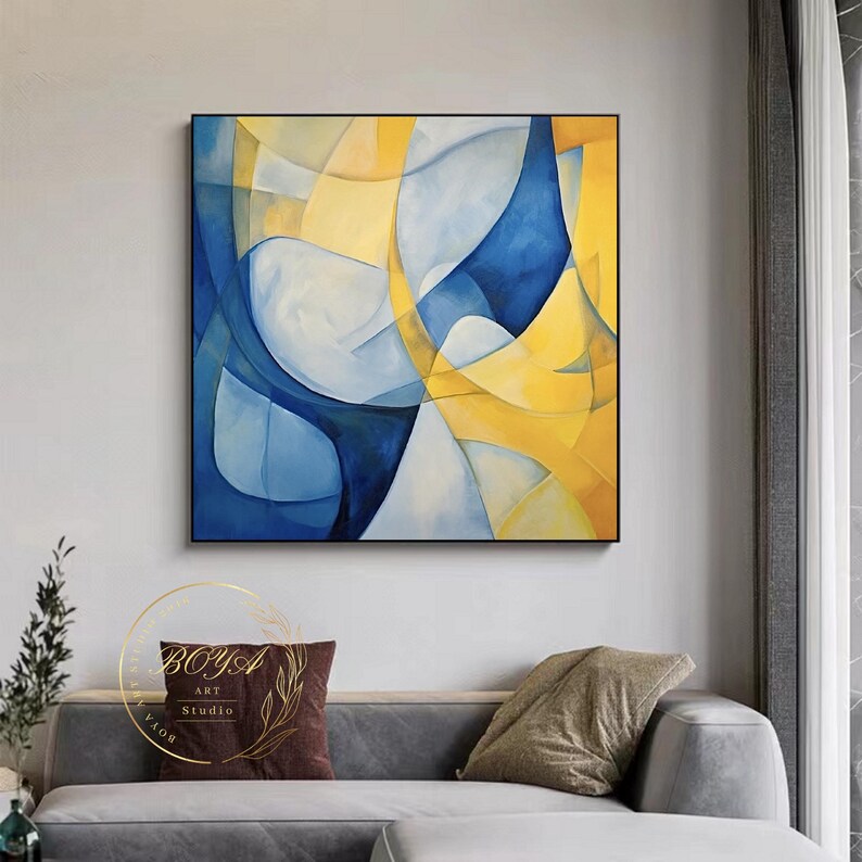 Large Blue Abstract Art Yellow Abstract Painting Blue Wall Painting ...
