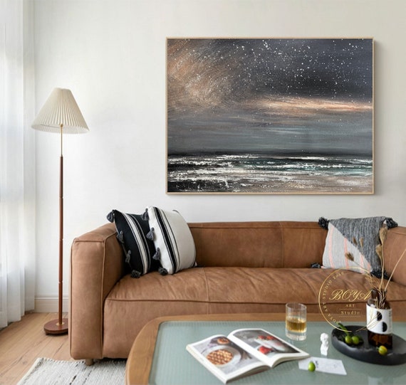 Large Starry Sky Painting Original Sky Abstract Painting Large Sea Oil Painting White Wave Painting Ocean Abstract Art Night Sky Painting