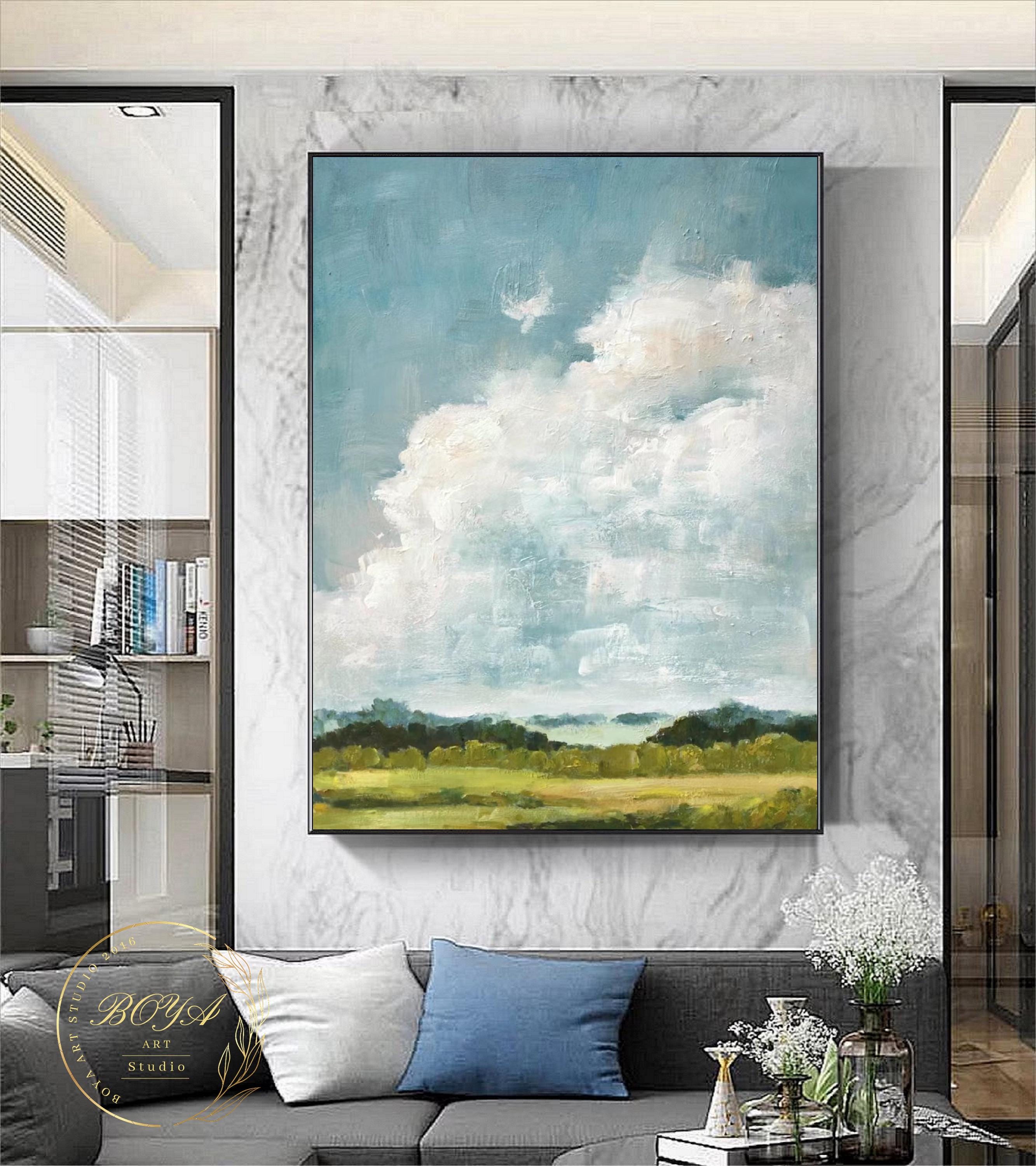 Cloudy Sky Oil Painting Green Texture Wall Art White Cloud Abstract ...