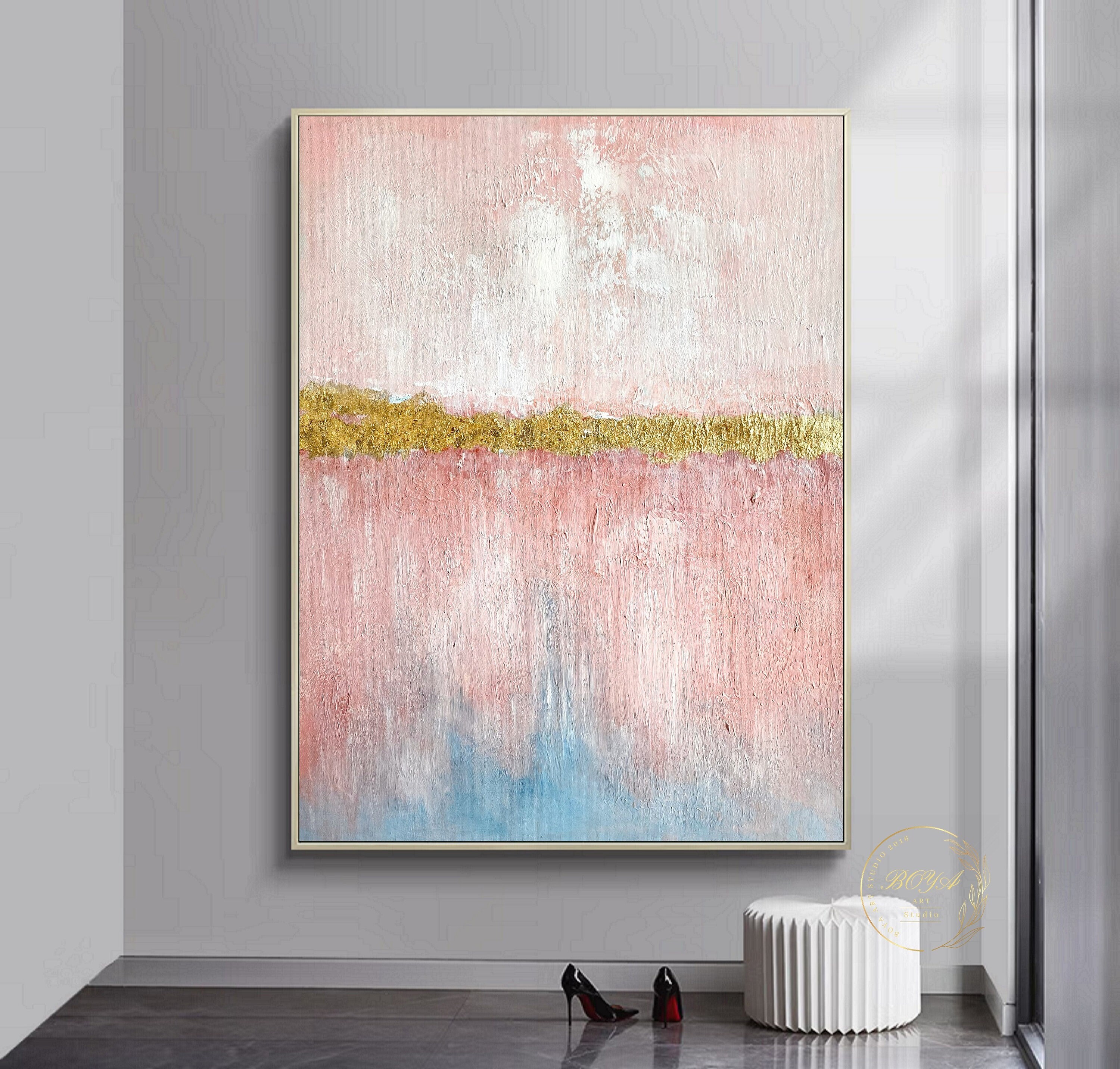Pink Abstract Painting Pink Minimalist Wall Art Gold Texture Art Large ...