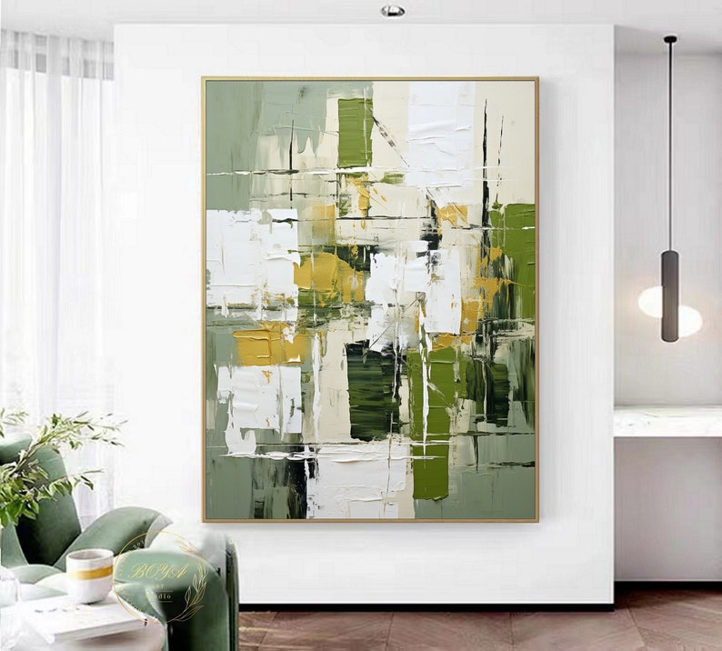 Green Abstract Painting Large Green Wall Art Gold Textured Art Etsy