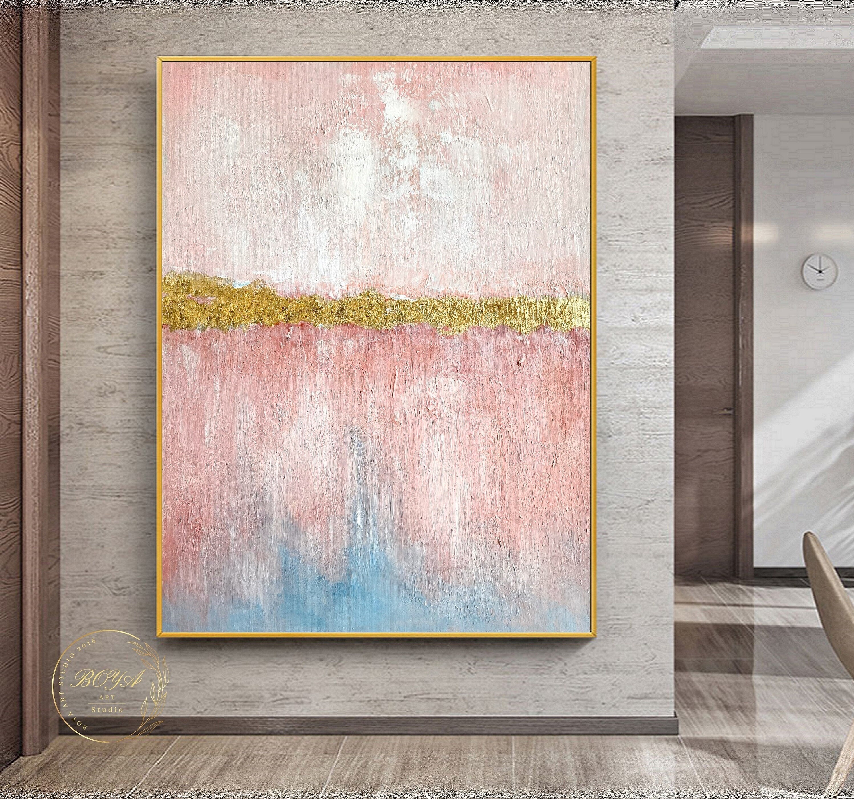 Pink Abstract Painting Pink Minimalist Wall Art Gold Texture Art Large ...