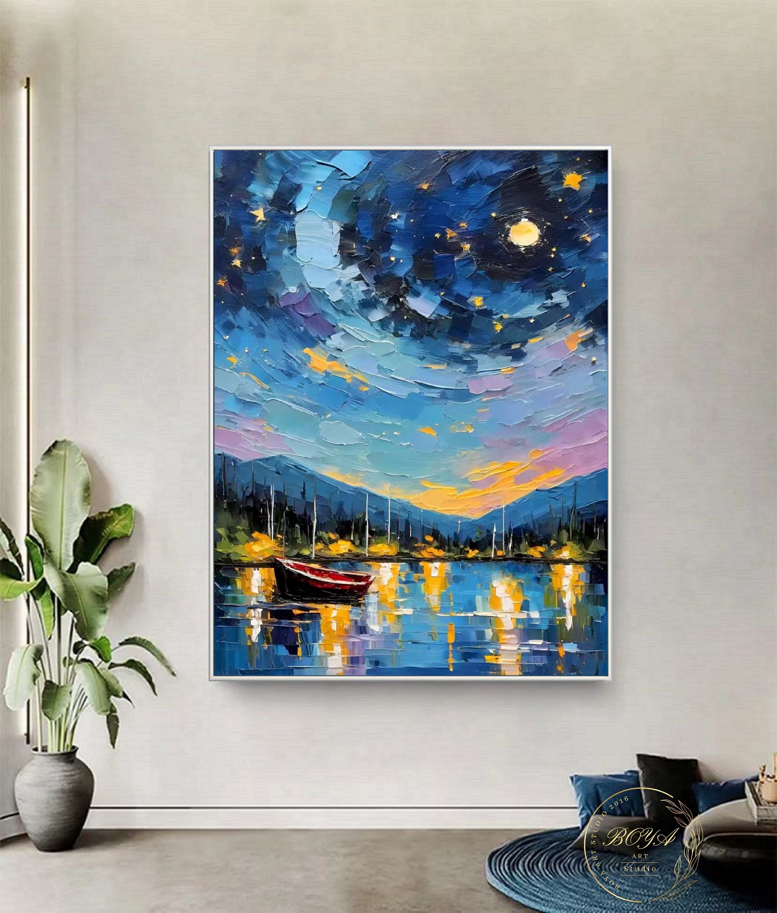 Original Starry Sky Painting Blue Textured Wall Art Large Night Sky ...