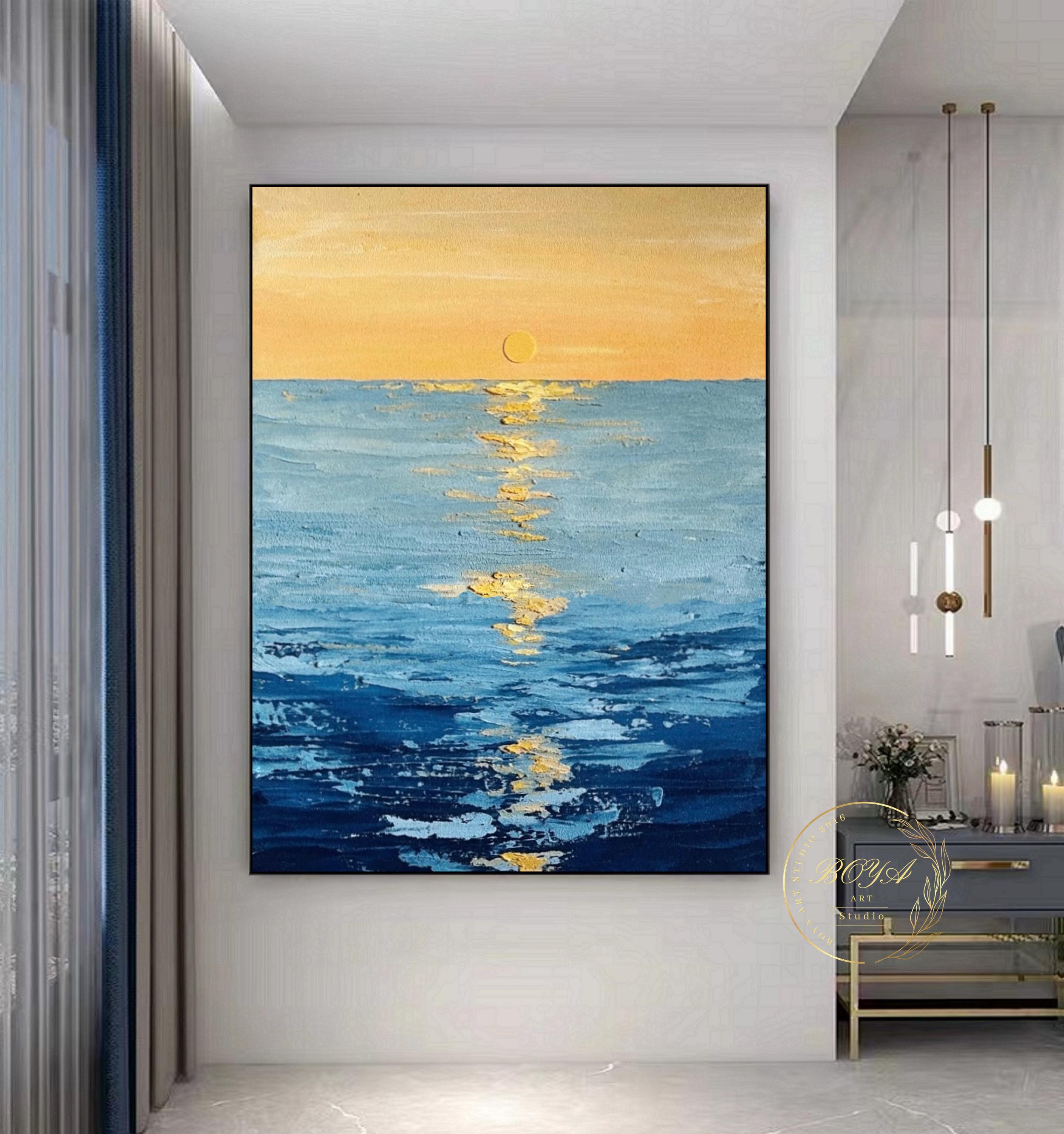 大きな海景画、青い海の壁アート、夕焼けの抽象画、青いテクスチャ