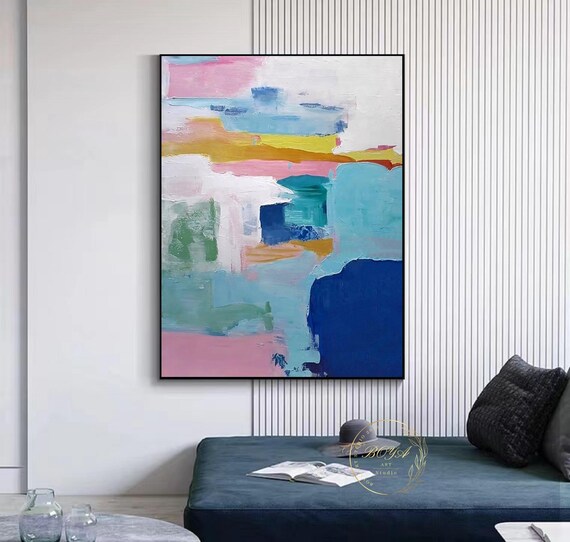大きな青い抽象画 ピンクのテクスチャーの絵画 マルチカラーの壁アート