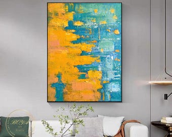 大きな黄色の壁画 黄色のテクスチャ絵画 オリジナルの緑の抽象画 緑の
