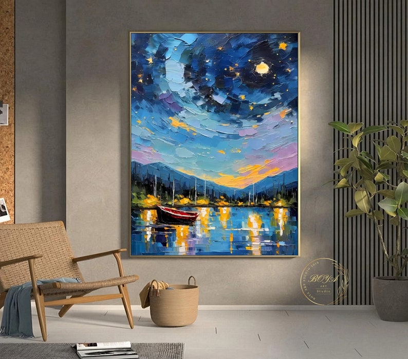 Original Starry Sky Painting Blue Textured Wall Art Large Night Sky ...
