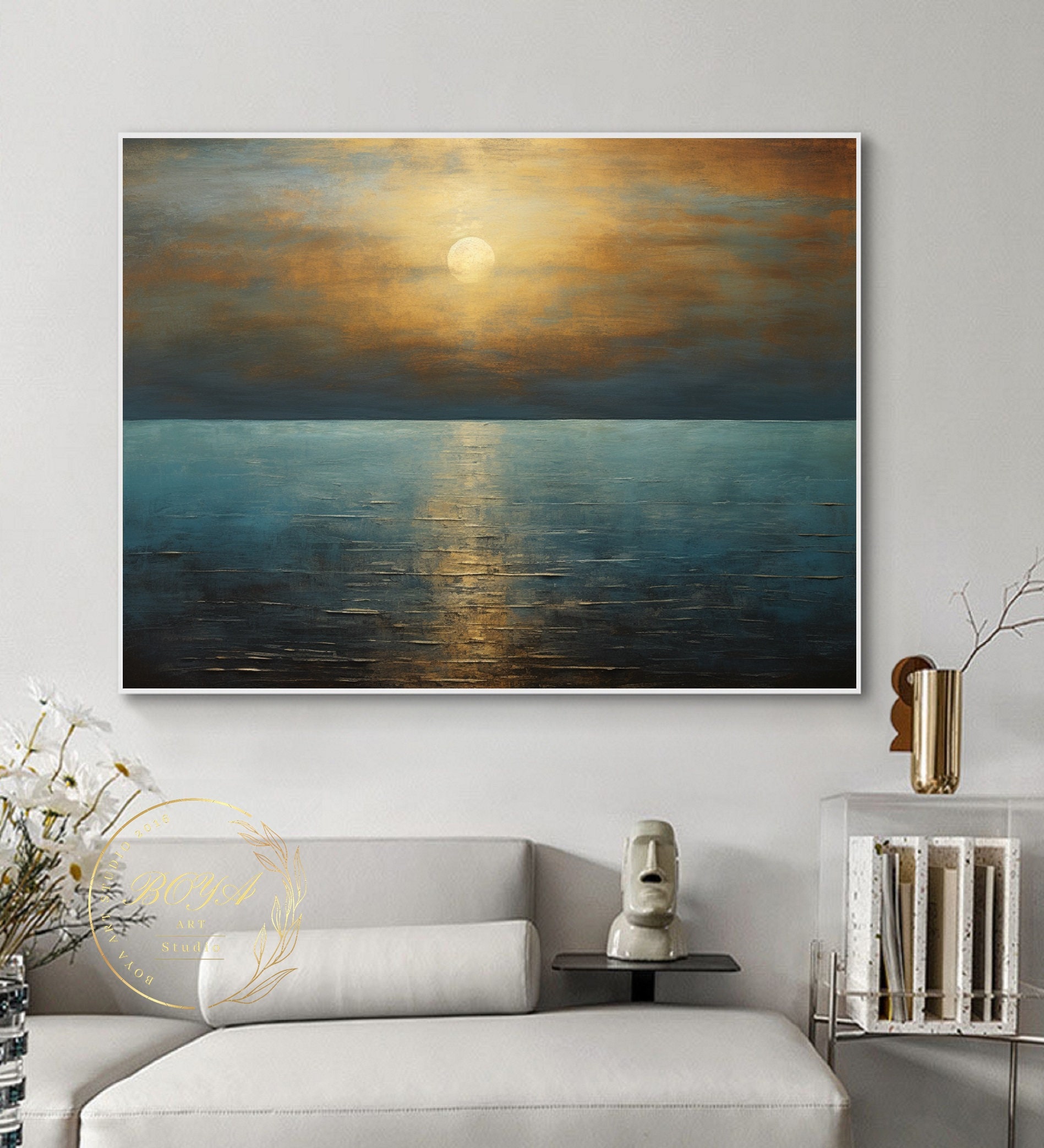 オリジナルの海景画、オレンジ色の夕日の壁アート、青い海の抽象画