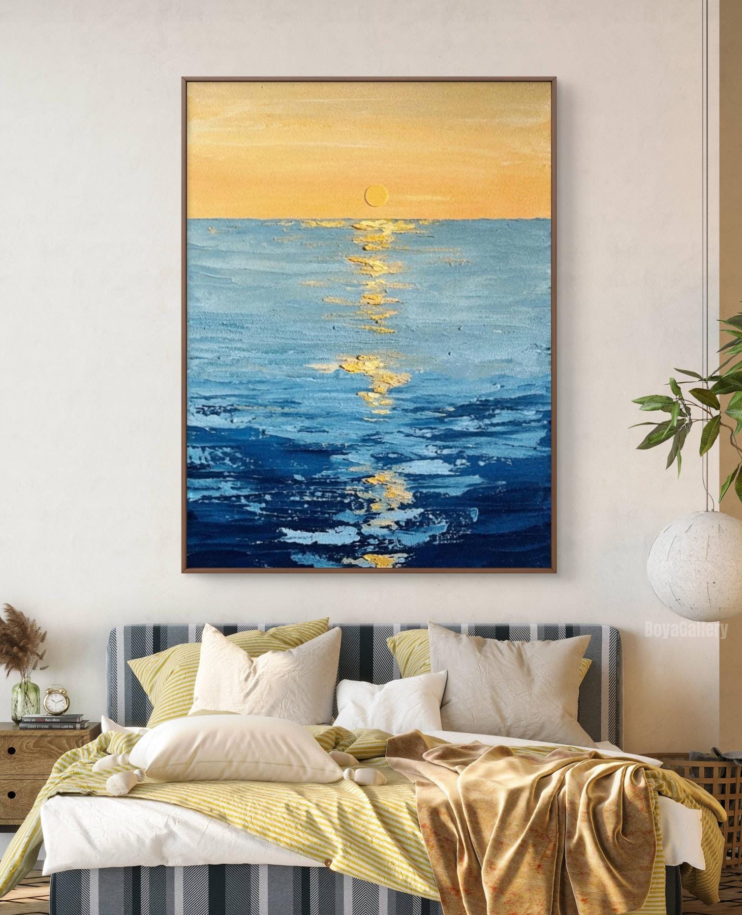 Large Original Seascape Painting | Hand Painted Orange Sunset