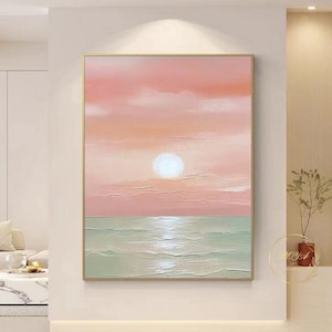 Large Seascape Painting Green Ocean Wall Art Pink Sky Abstract Painting Sea Waves Oil Painting Sunset Abstract Painting Pink Textured Art