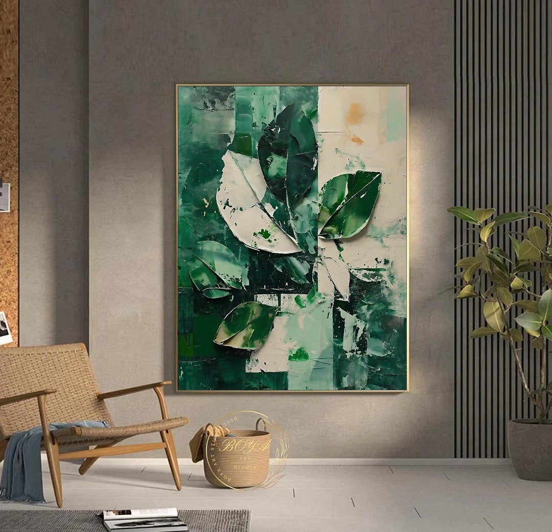 Large Leaves Abstract Painting Green Leaves Textured Art Green Beige ...
