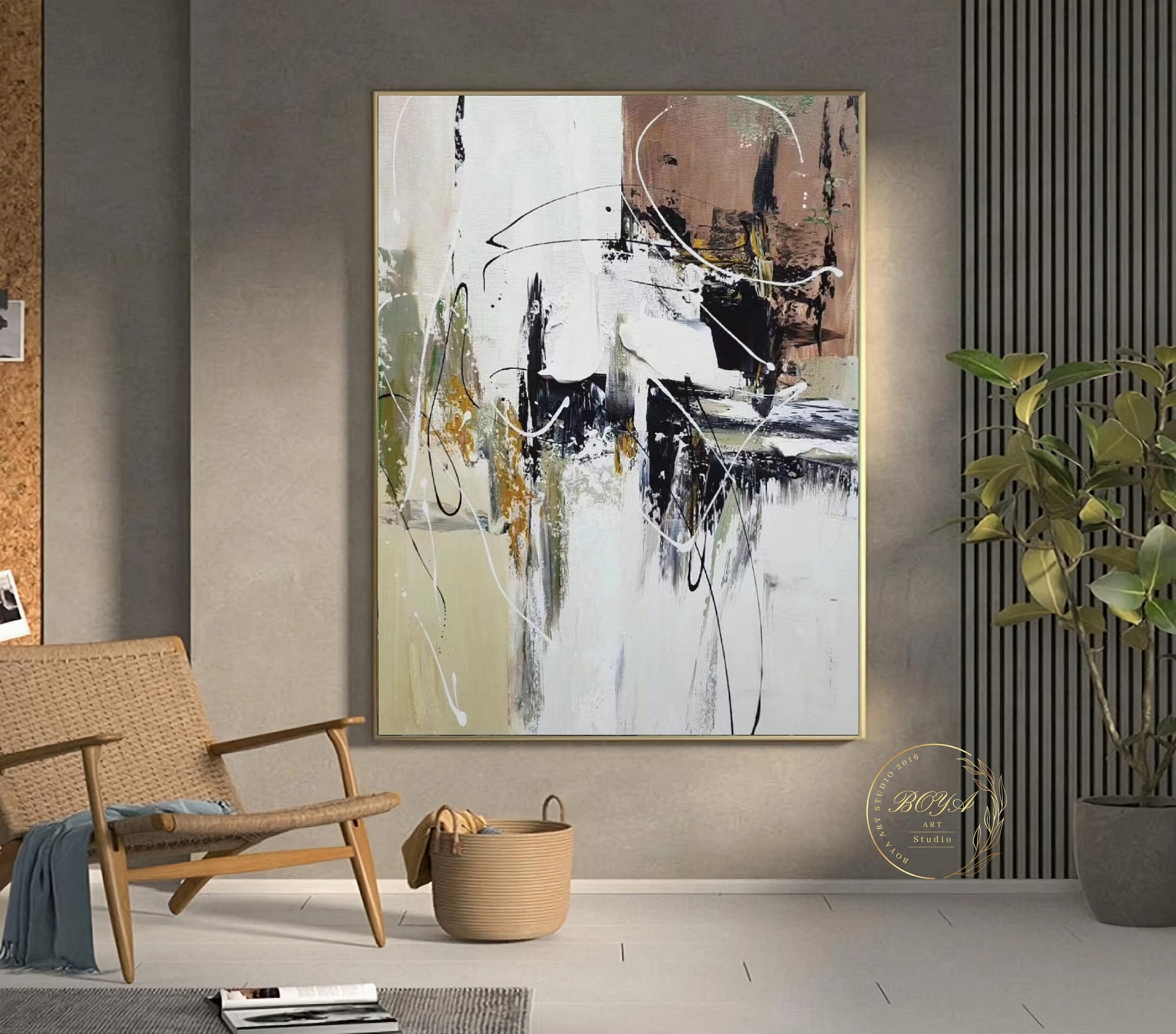 ブラウン系抽象油彩画 大判