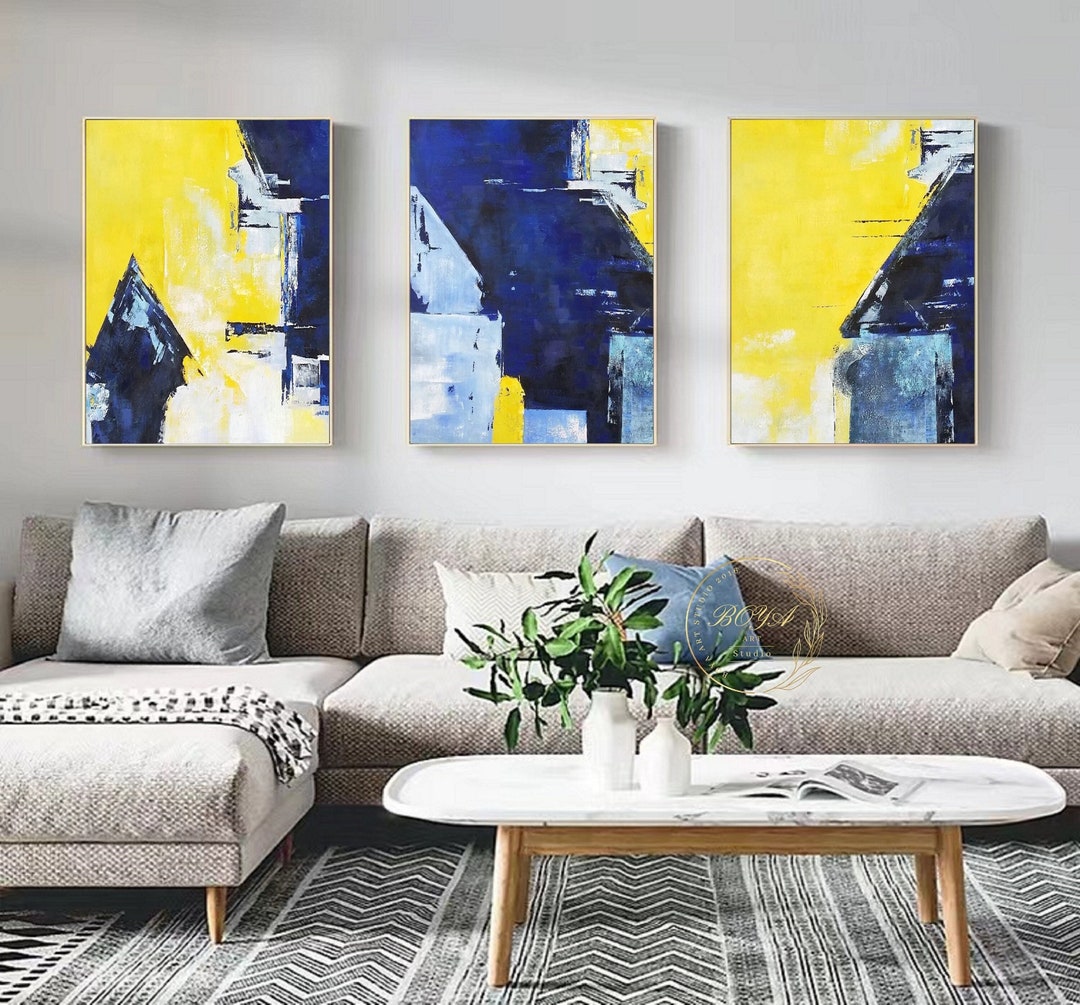 Original Blue Wall Painting Yellow Abstract Painting Set of 3 Wall Art ...