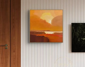 大型オリジナル油絵、オレンジ色の抽象画、手描きの夕日の抽象画