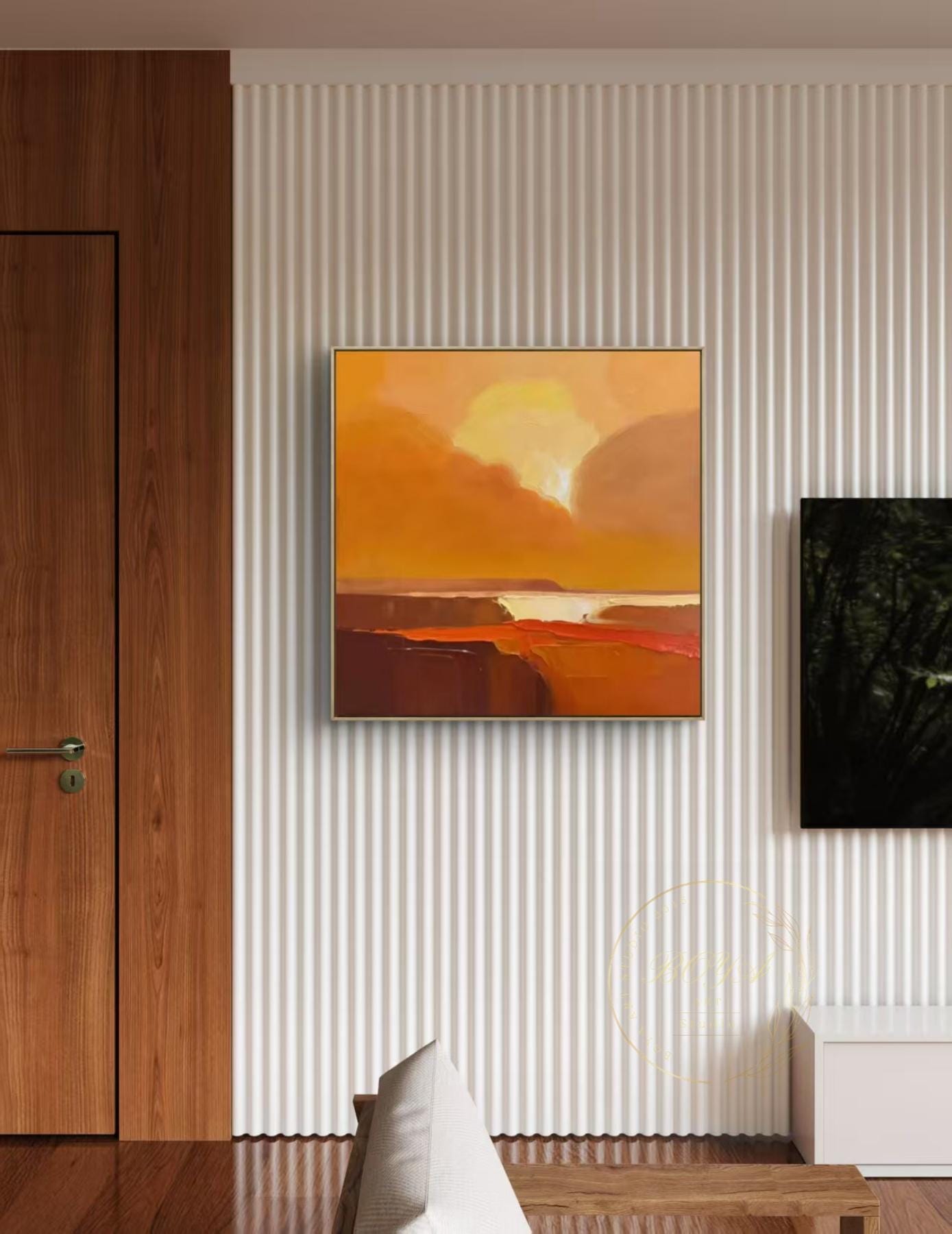大型オリジナル油絵、オレンジ色の抽象画、手描きの夕日の抽象画