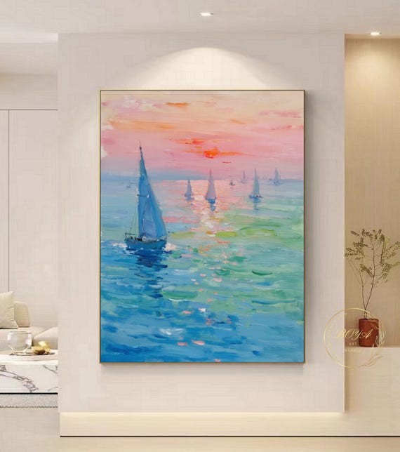 日の出の印象画、青い海の絵、緑の波のテクスチャアート、ピンクの空の