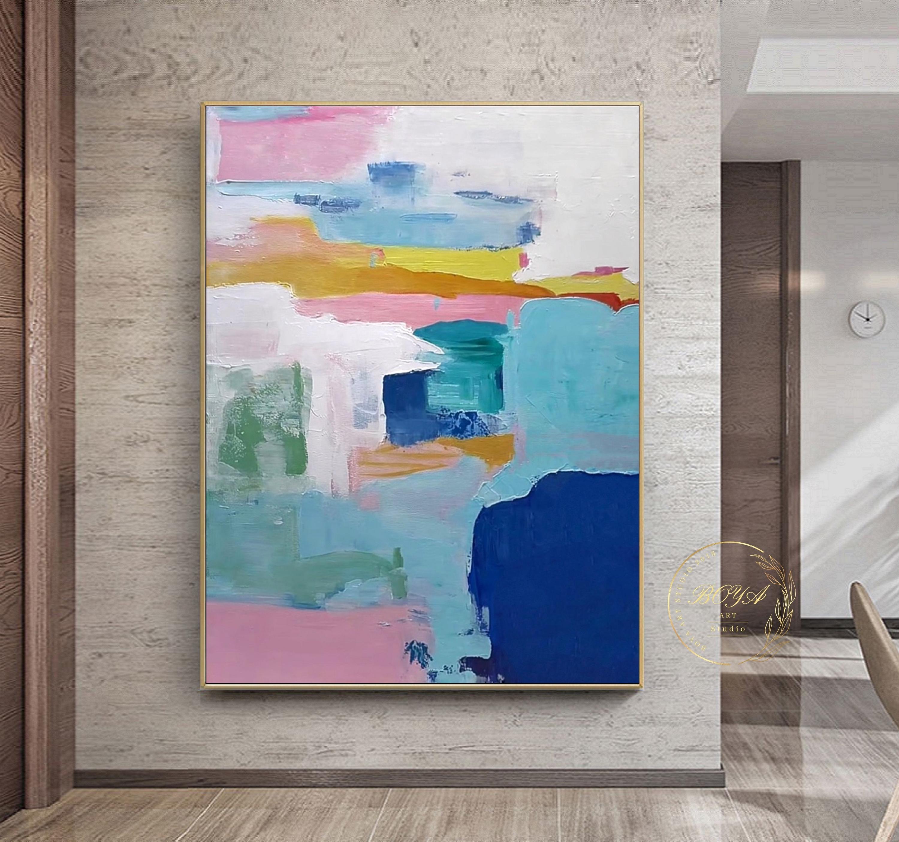 大きな青い抽象画 ピンクのテクスチャーの絵画 マルチカラーの壁アート