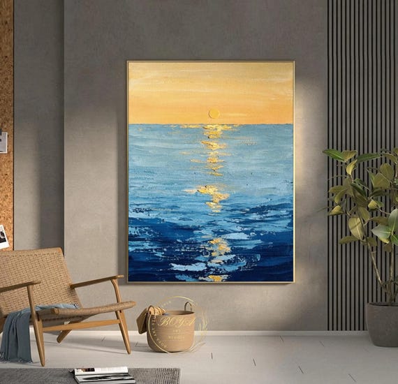 海の風景 油彩画 金色フレームなし 大きな海景画、青い海の壁アート、夕焼けの抽象画、青いテクスチャ