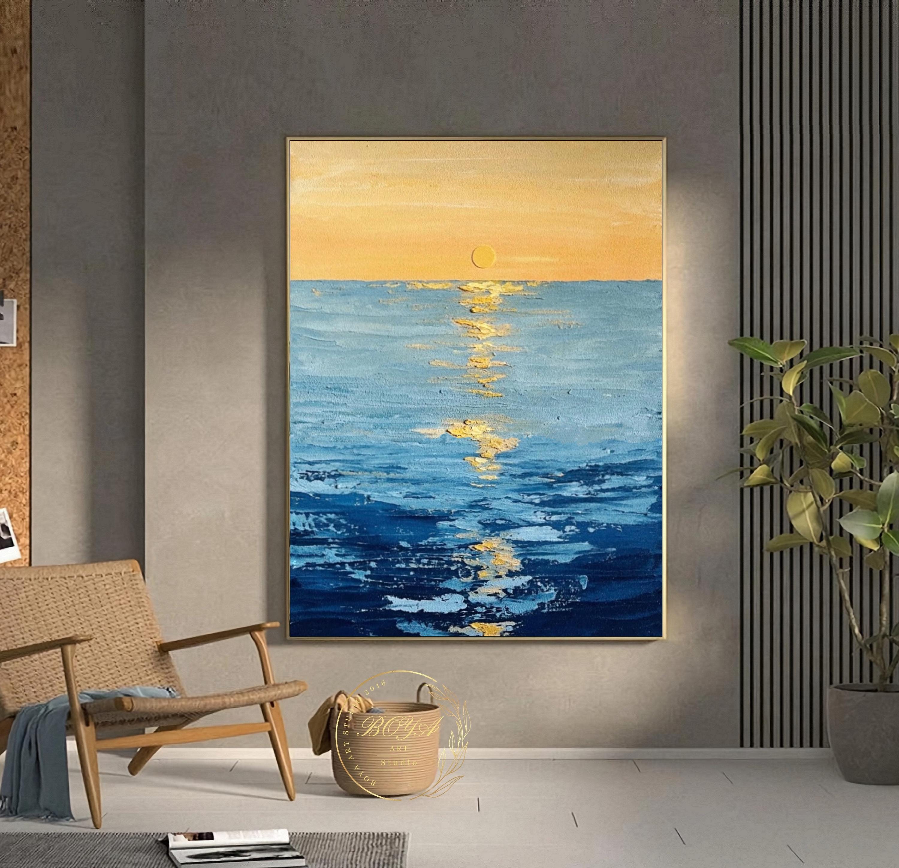 大きな海景画、青い海の壁アート、夕焼けの抽象画、青いテクスチャ