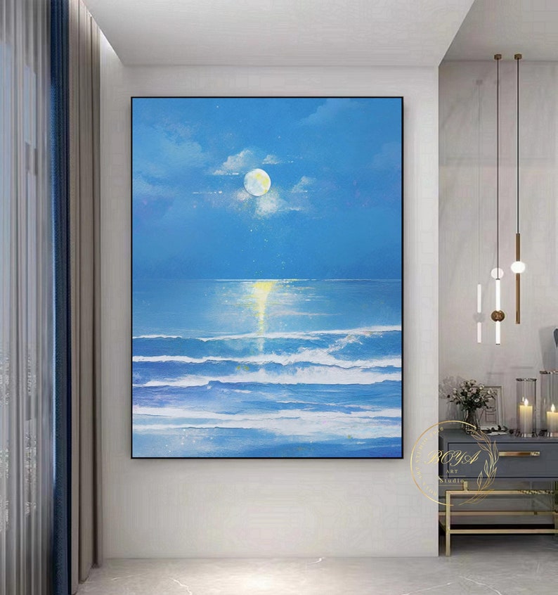 Blue Seascape Wall Art Ocean Waves Painting Large Blue Abstract ...
