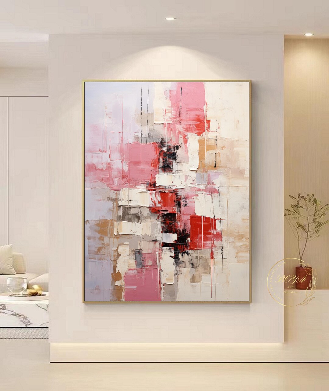 大きなピンクのテクスチャー絵画 ピンクの壁アート オリジナルベージュ