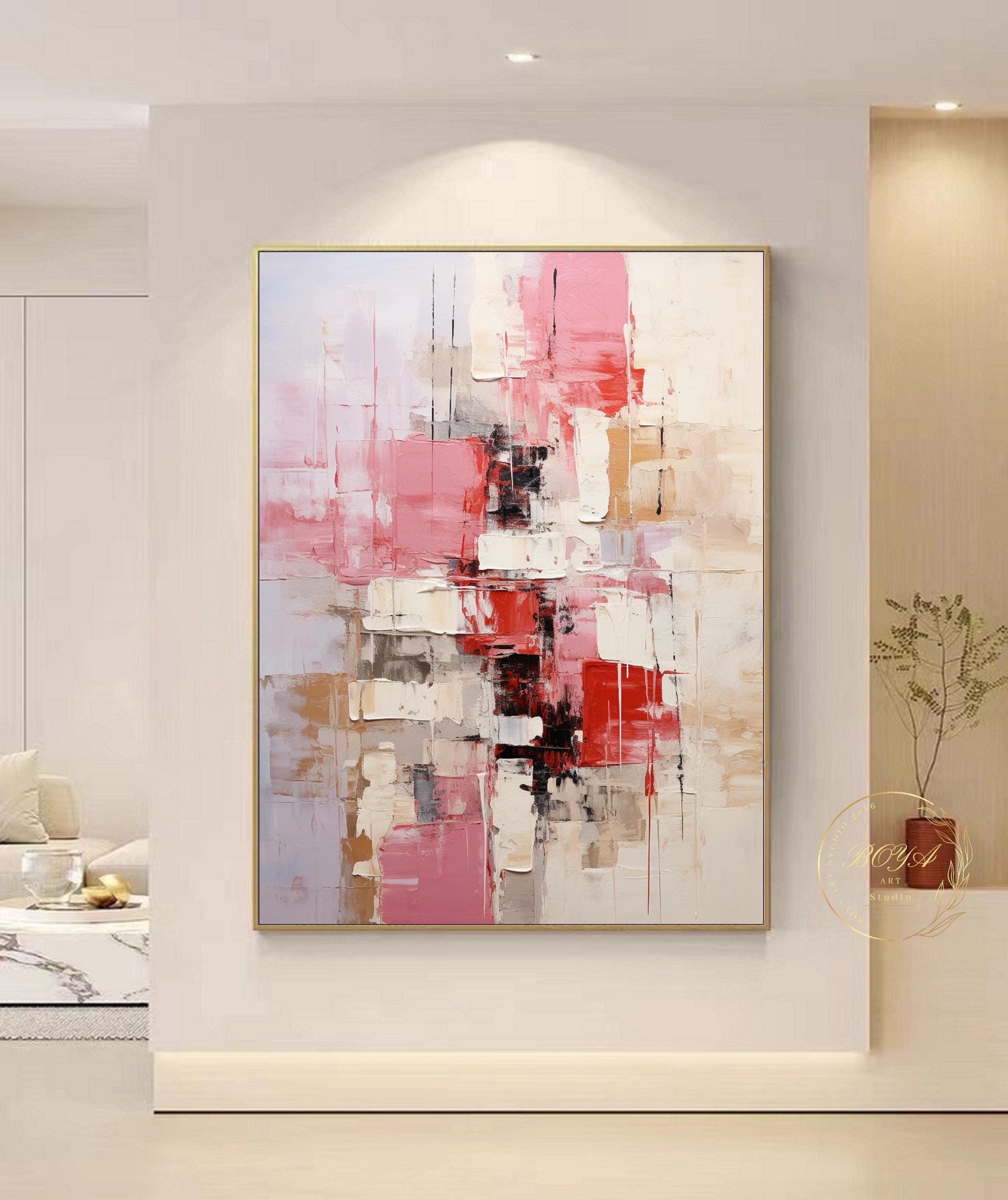 大きなピンクのテクスチャー絵画 ピンクの壁アート オリジナルベージュ
